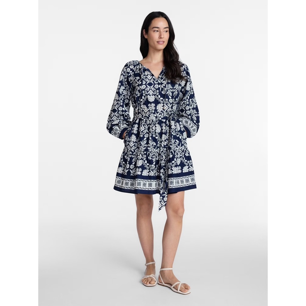 Time and Tru Split Neck Floral Damask Border Print Belted Boho Mini Dress XS